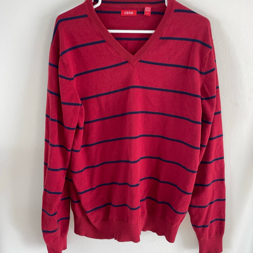 Izod Long Sleeve V Neck Sweater Red With Blue Stripes Sz Men's L Large